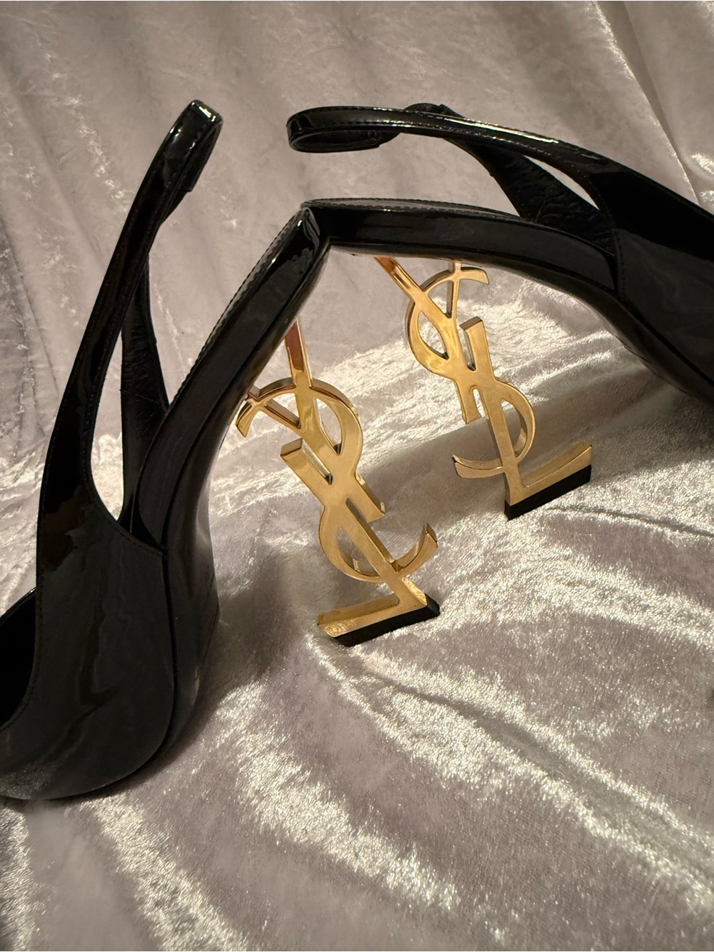 Saint Laurent Black Patent Opyum Slingback Heels with Gold Logo Heel - Picture 3 of 13